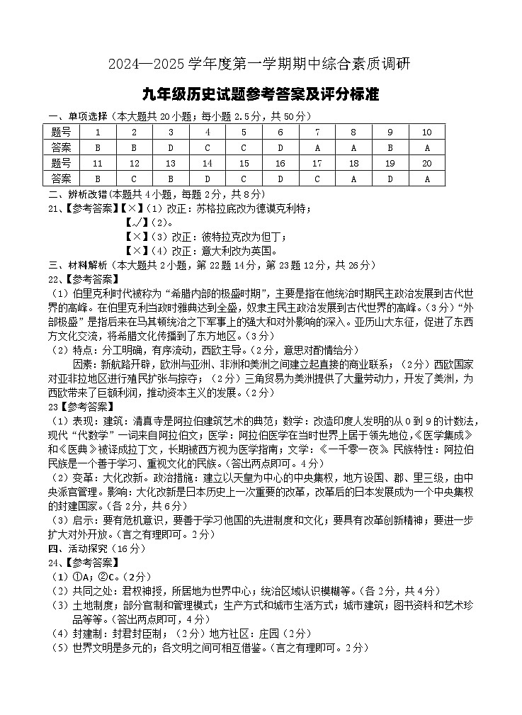 九年級歷史試題參考答案及評分標準(2)第1頁