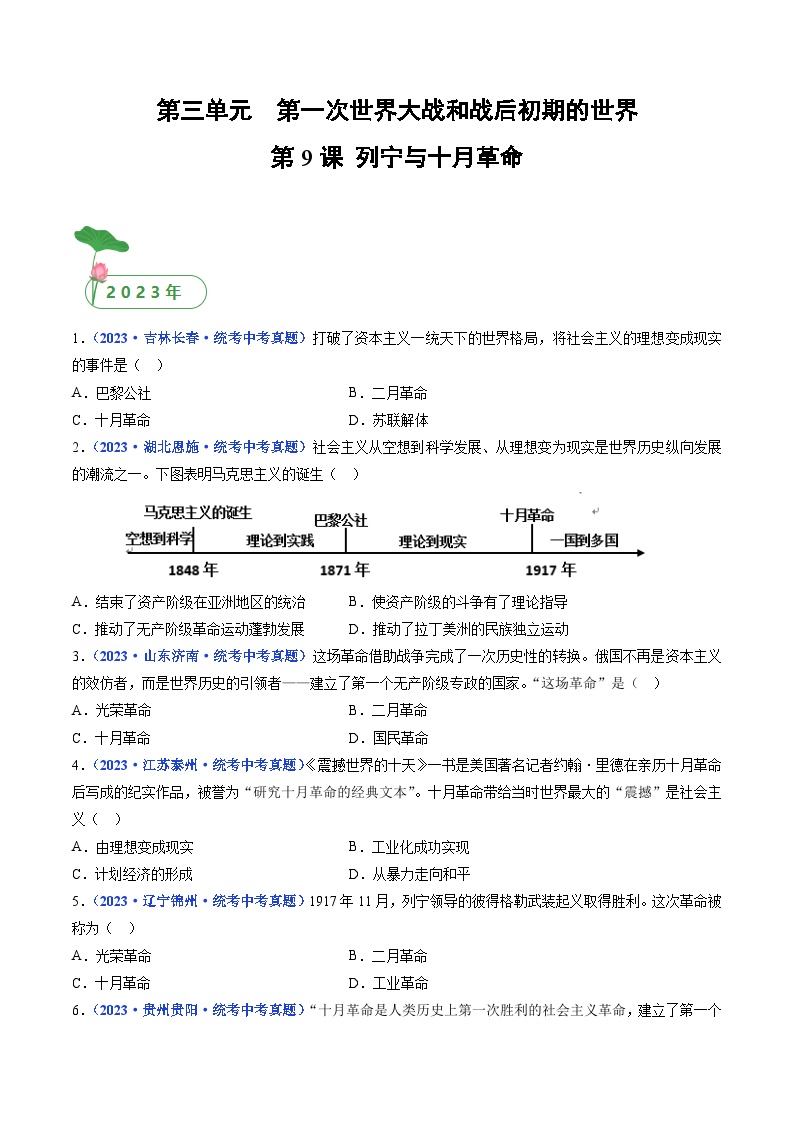 2025年中考历史一轮复习练习九下第九课 列宁与十月革命（解析版）