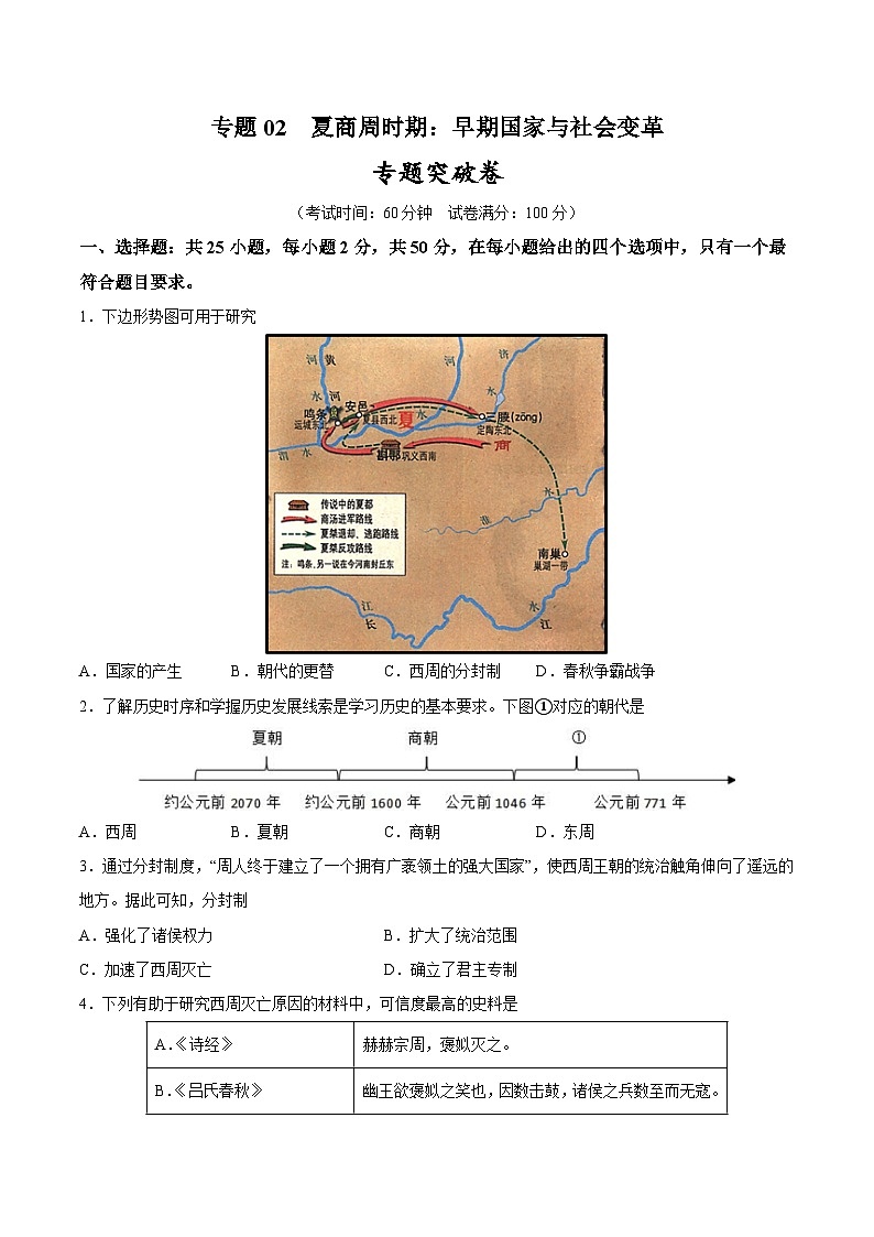 2025年中考历史一轮复习专题突破卷02 夏商周时期时期:早期国家与社会变革(原卷版)第1页