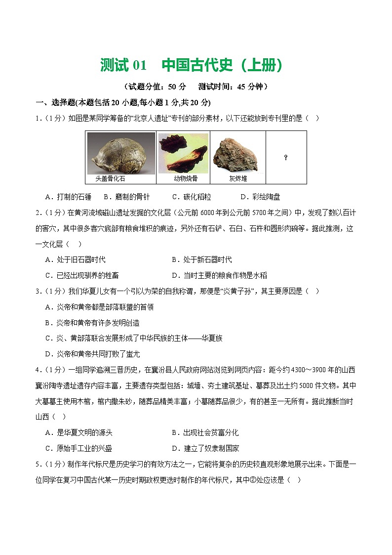 2025年中考历史一轮复习(测试01)中国古代史(七年级上册)(原卷版)第1页