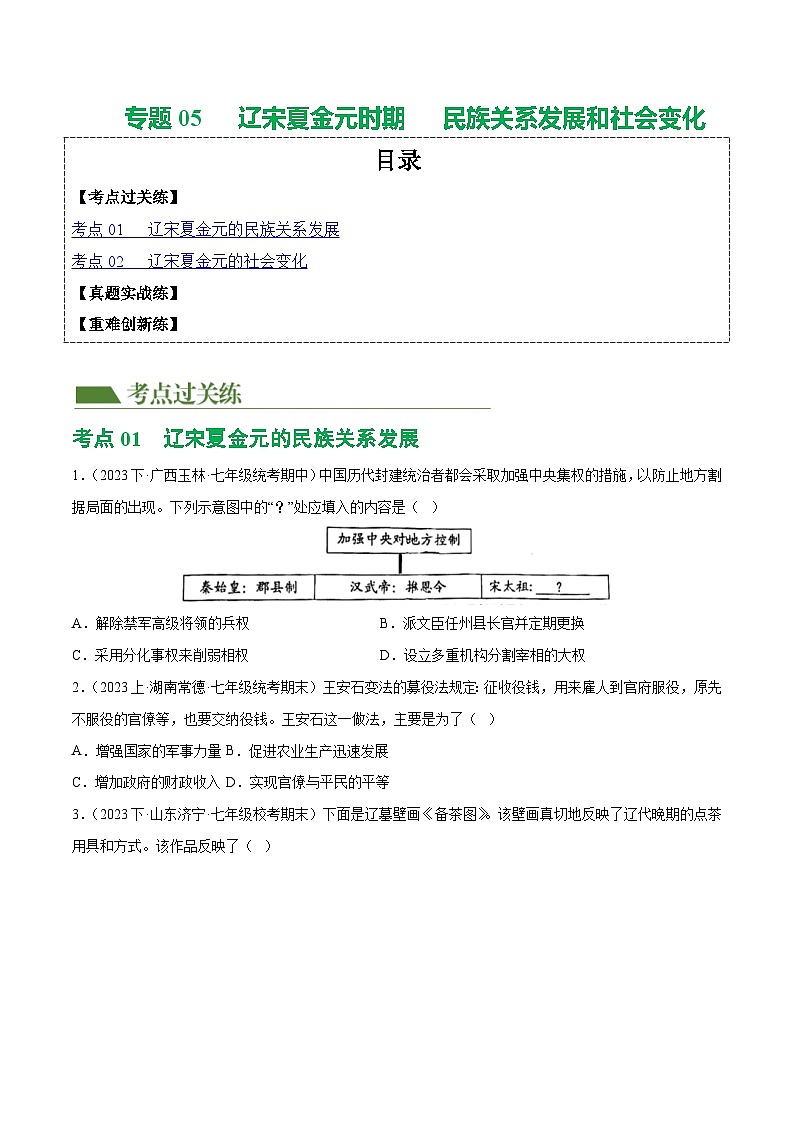 2025年中考历史一轮复习(练习)专题05 辽宋夏金元时期:民族关系发展和社会变化(解析版)01