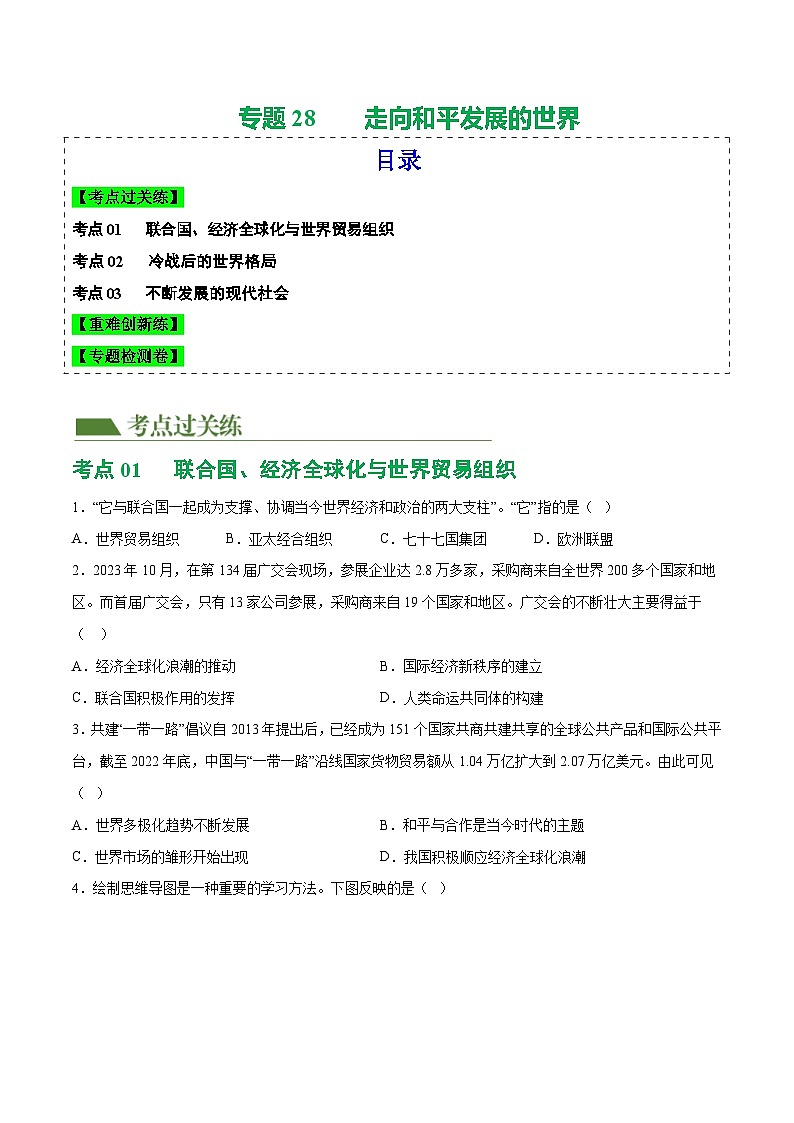 2025年中考历史一轮复习(练习)专题28 走向和平发展的世界(解析版)01