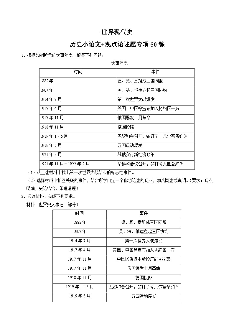 (部编版)中考历史一轮复习考点练习模块06 世界现代史 历史小论文+观点论述题专项50练(原卷版)第1页