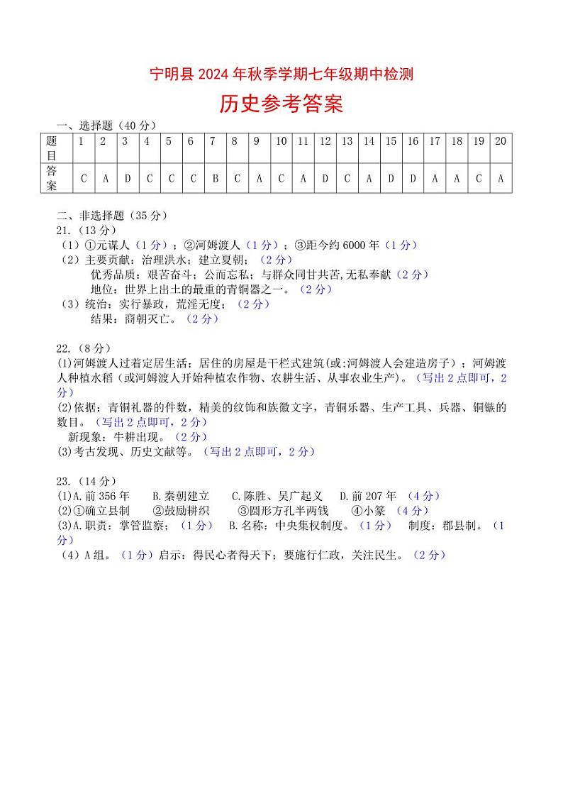 广西壮族自治区崇左市宁明县2024-2025学年七年级上学期11月期中历史试题01