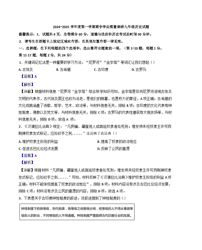 江苏省连云港市2024-2025学年九年级上学期期中历史试题(解析版)01