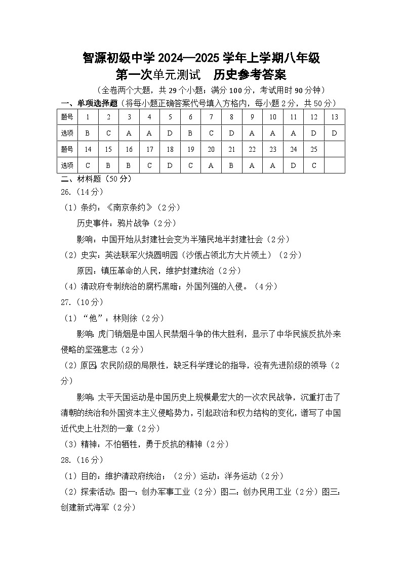 云南省保山市智源初級(jí)中學(xué)2024-2025學(xué)年八年級(jí)上學(xué)期10月月考?xì)v史答案第1頁(yè)