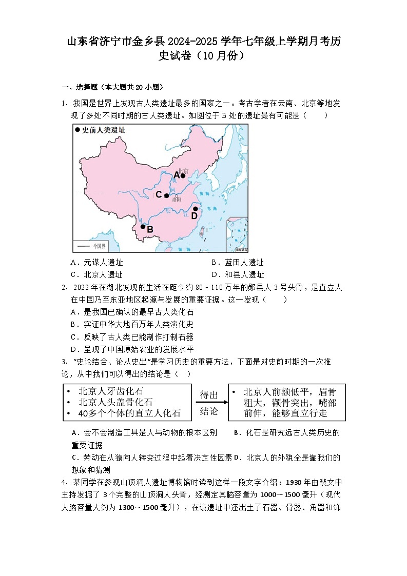 山东省济宁市金乡县2024-2025学年七年级上学期月考历史试卷(10月份)第1页