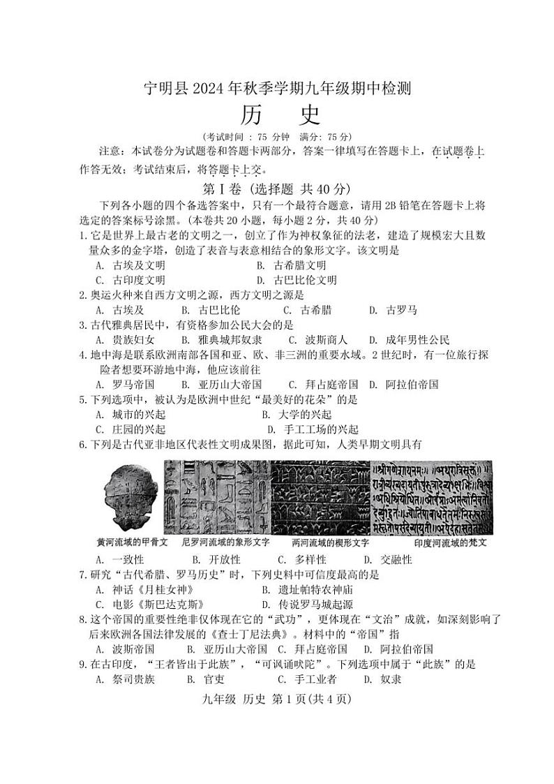 广西壮族自治区崇左市宁明县2024~2025学年九年级(上)期中历史试题(含答案)第1页