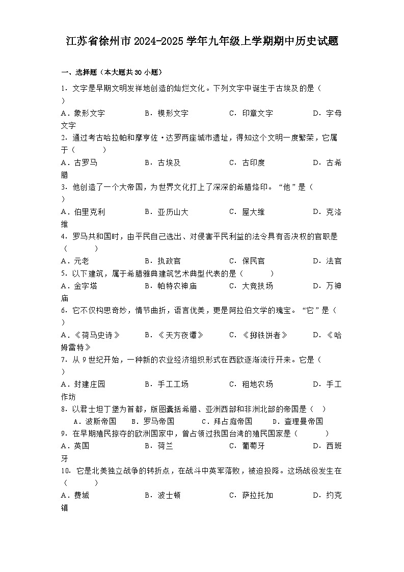 江苏省徐州市2024-2025学年九年级上学期期中历史试题(含解析)第1页