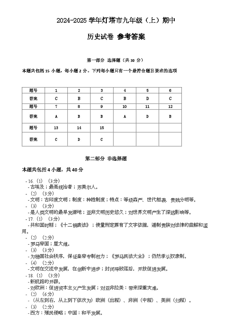 辽宁省辽阳市灯塔市2024-2025学年九年级上学期11月期中历史试题参考答案第1页