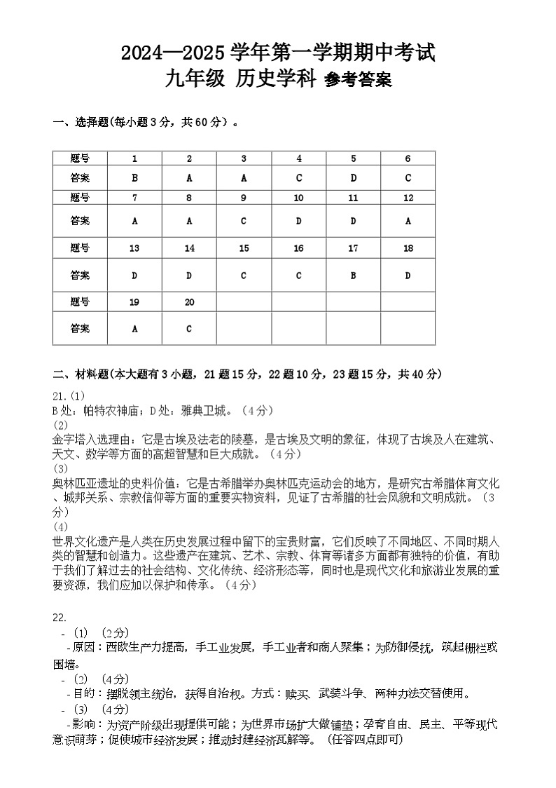 海南省文昌市2024—2025学年九年级上学期期中历史试题01