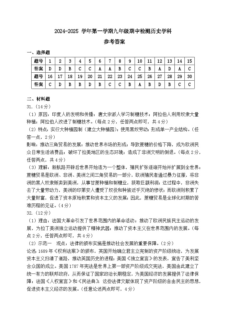 2024-2025 学年第一学期九年级期中检测历史  参考答案(1)第1页