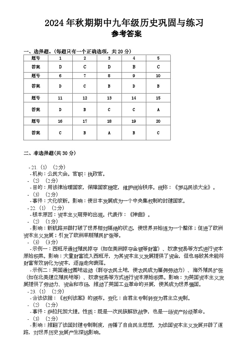 河南省南阳市内乡县2024-2025学年部编版九年级上学期11月期中历史试题01