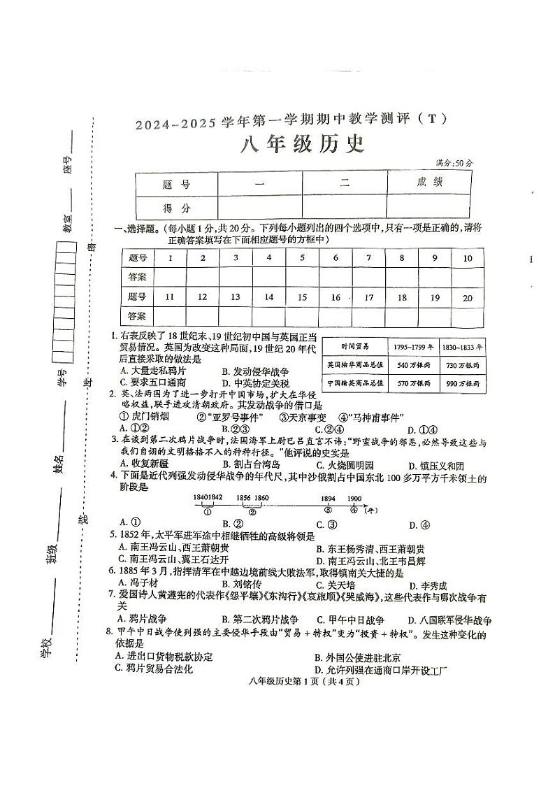 河南省周口市太康县2024-2025学年八年级上学期11月期中历史试题第1页