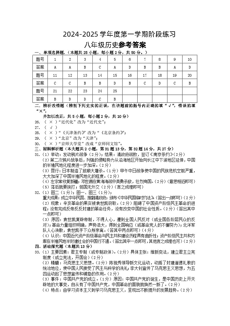 八年级历史参考答案第1页