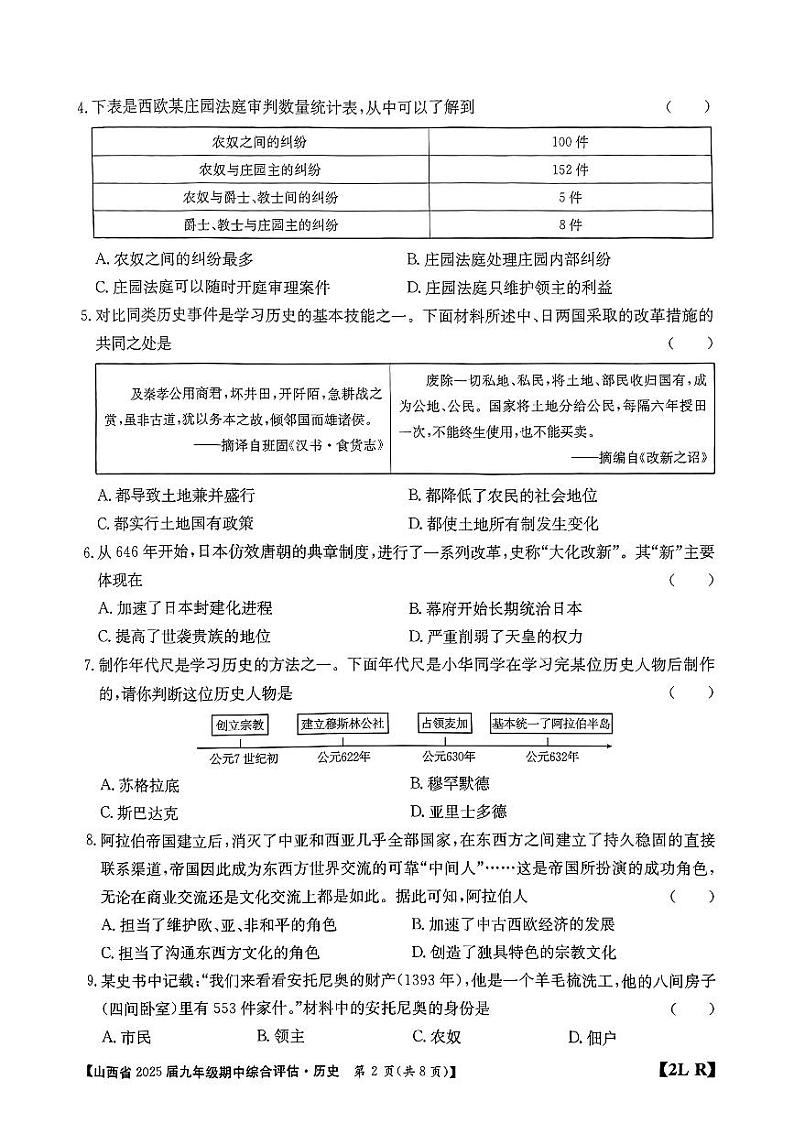 山西省晋中市多校2024-2025学年部编版九年级上学期期中考试历史试题第2页