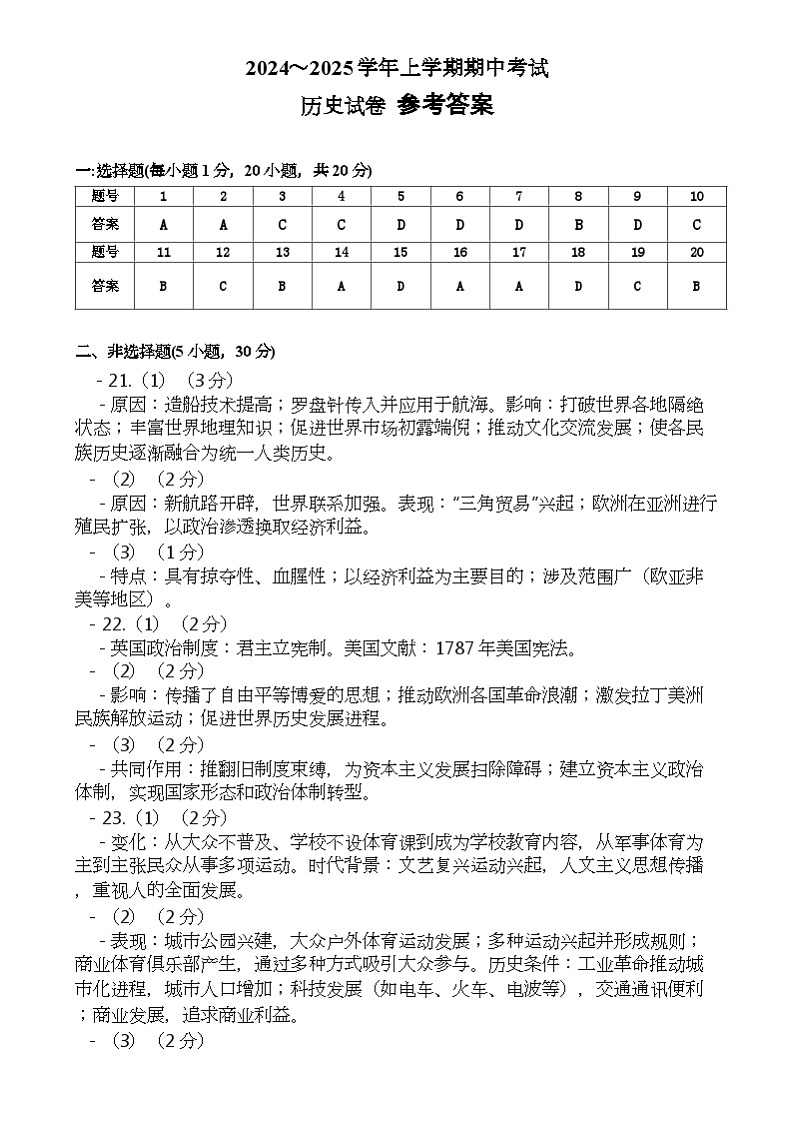 河南省镇平县2024-2025学年部编版九年级上学期期中考试历史试卷参考答案第1页