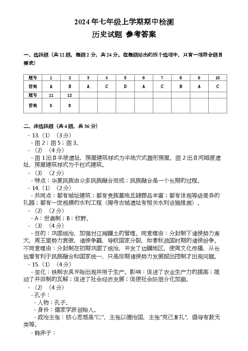 湖北省宜昌市宜都市2024-2025学年七年级上学期期中历史试题参考答案第1页