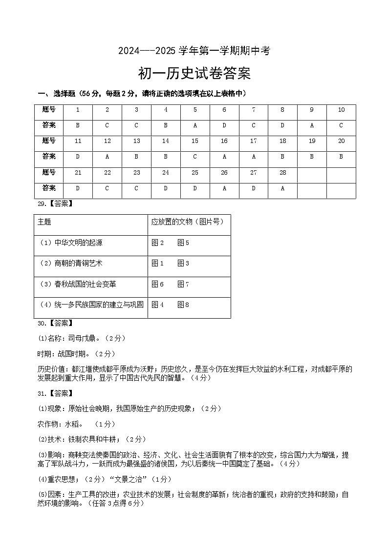 福建省厦门市湖滨中学2024-2025学年部编版七年级上学期期中考试历史试题01
