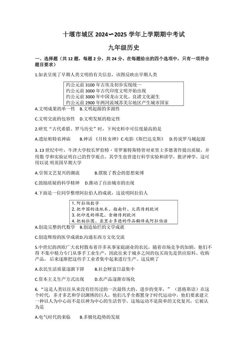 湖北省十堰市2024~2025学年部编版九年级(上)历史期中卷(含答案)第1页