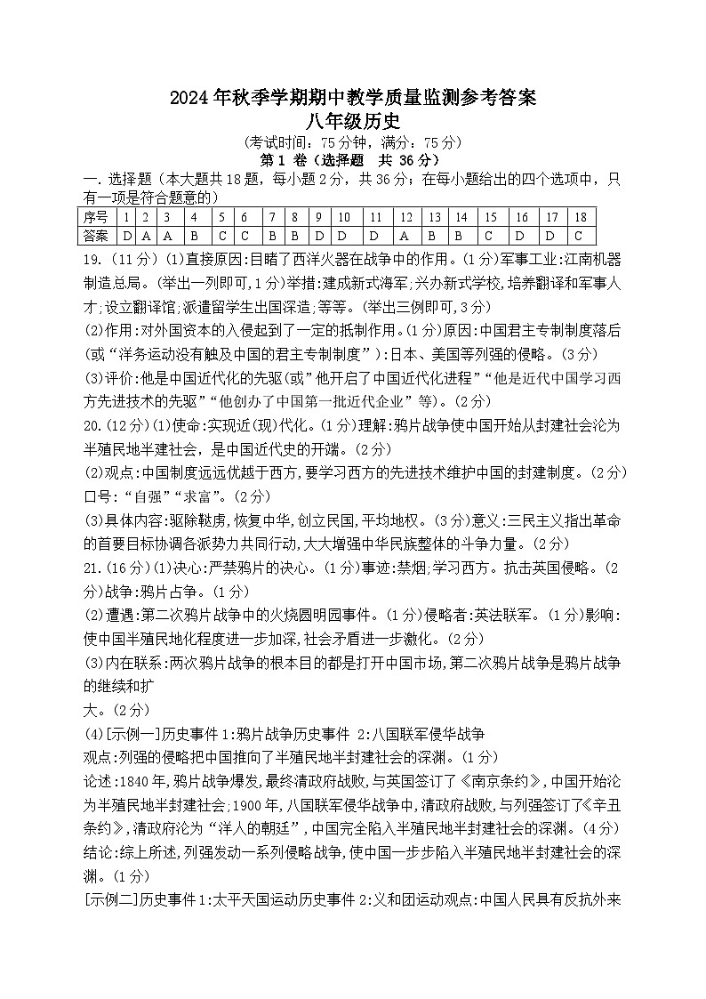 2024年秋季学期八年级历史期中教学质量监测参考答案第1页
