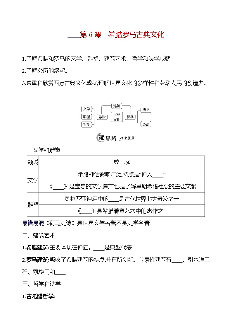 2024-2025 初中历史 九年级上册 第二单元 第6课 希腊罗马古典文化 每课一练(学生版) 第1页