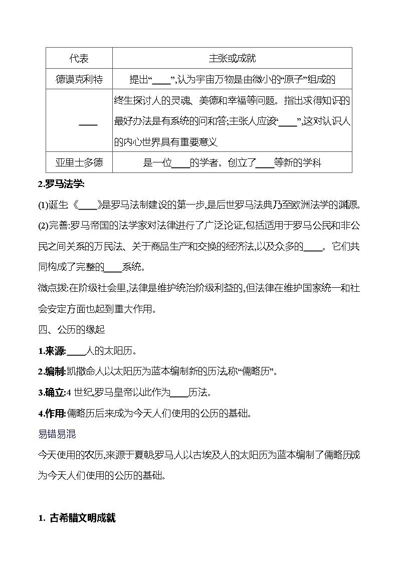 2024-2025 初中历史 九年级上册 第二单元 第6课 希腊罗马古典文化 每课一练(学生版) 第2页
