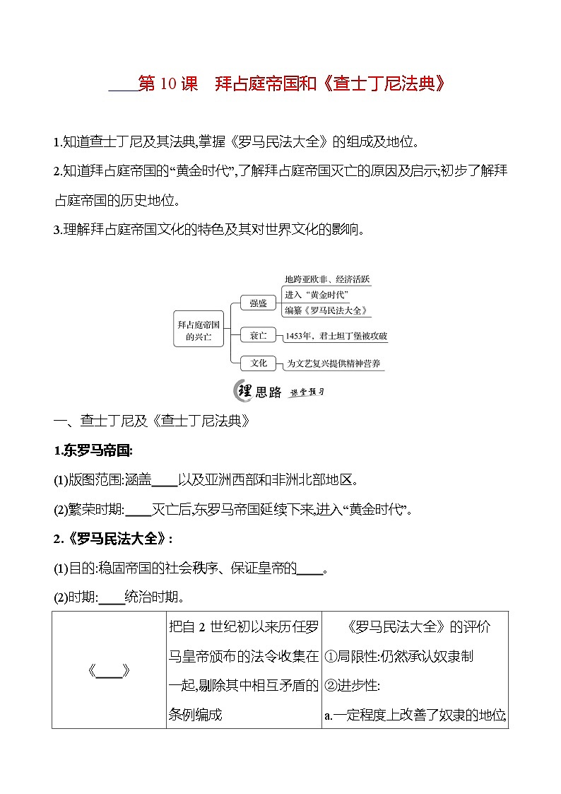2024-2025 初中历史 九年级上册 第三单元 第10课 拜占庭帝国和《查士丁尼法典》 每课一练(学生版) 第1页