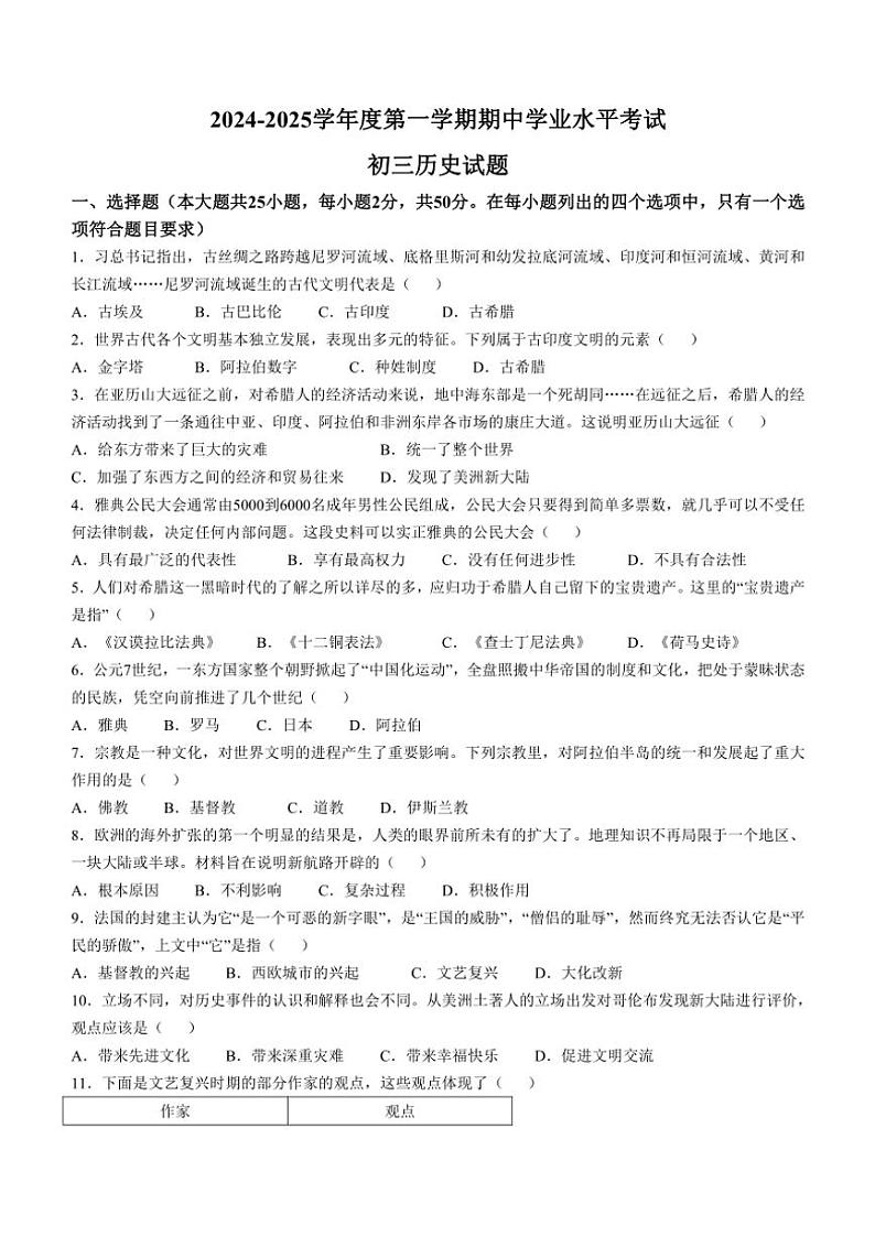 山东省烟台市福山区(五四学制)2024~2025学年八年级(上)期中历史试卷(含答案)第1页