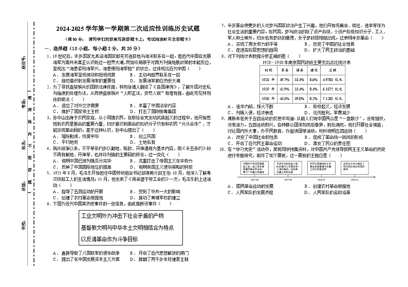 期中考试 2024-2025学年第一学期历史联考卷第1页