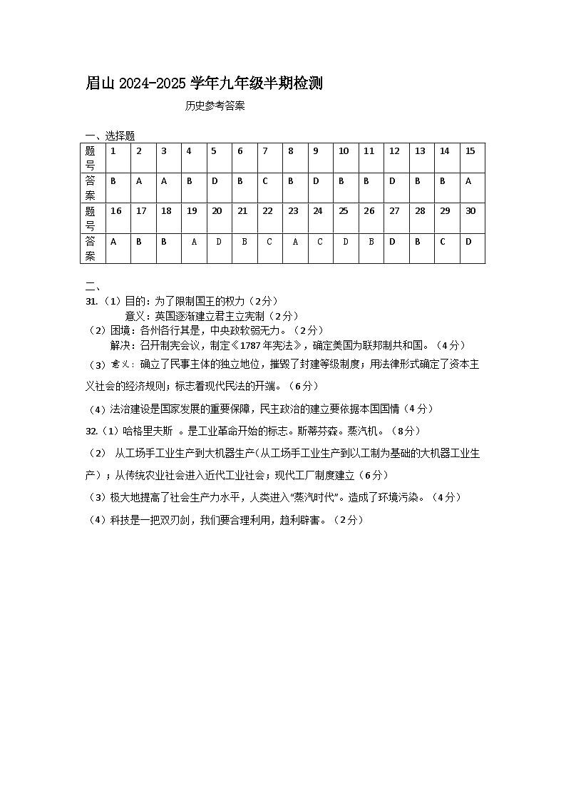 眉山天府新区2024-2025学年九年级半期检测历史答案第1页