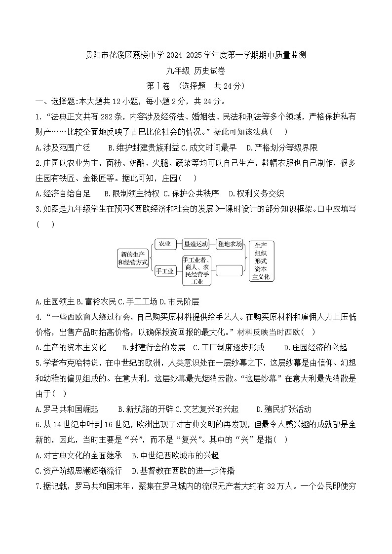 贵州省贵阳市花溪区燕楼中学2024-2025学年度九年级上学期期中质量监测历史试卷第1页