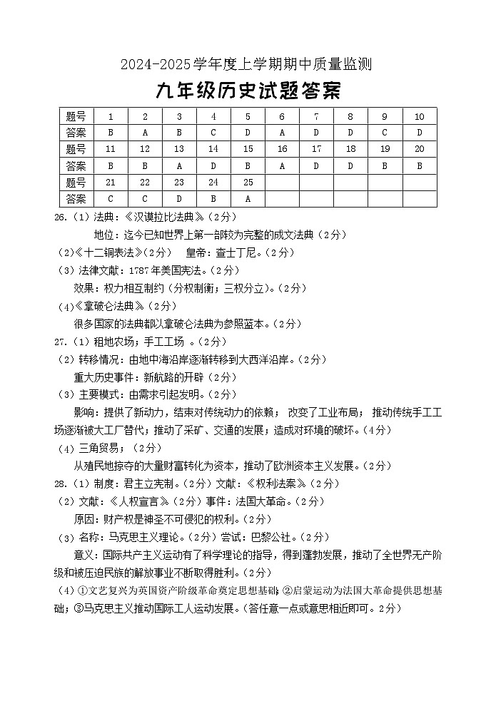 2024九年级历史期中答案第1页