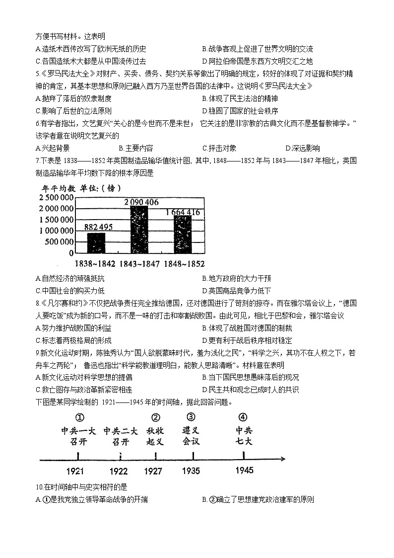 重庆市九龙坡区四川外国语大学附属外国语学校2024-2025学年九年级上学期期中历史试题(无答案)第2页