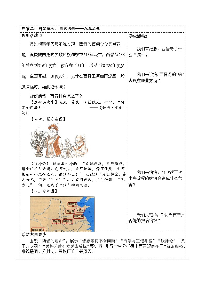 部编版历史七年级上册 第17课 西晋的短暂统一和北方各族的内迁 教案1第3页