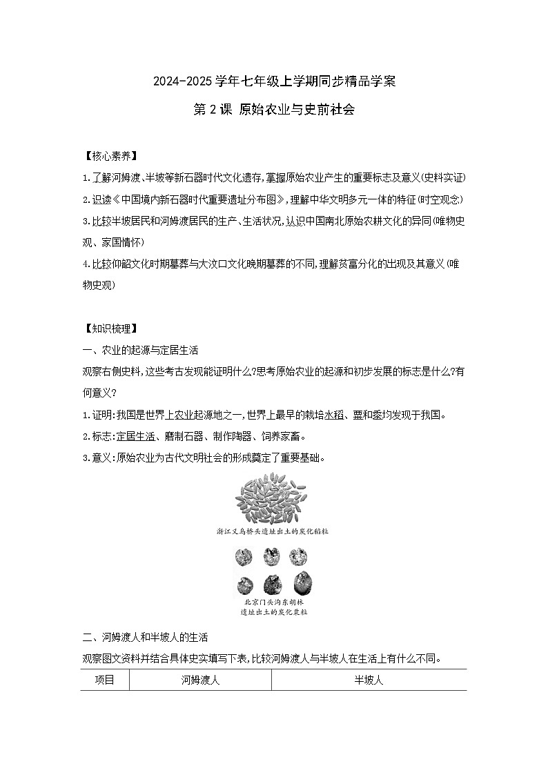 部编版历史七年级上册 2024-2025学年 第2课 原始农业与史前社会 学案1第1页