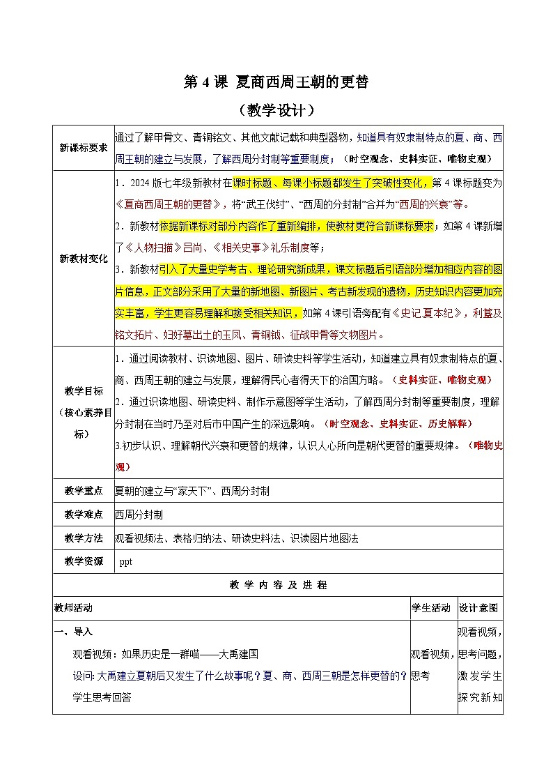 第4课 夏商西周王朝的更替(教学设计)-(统编版2024)第1页