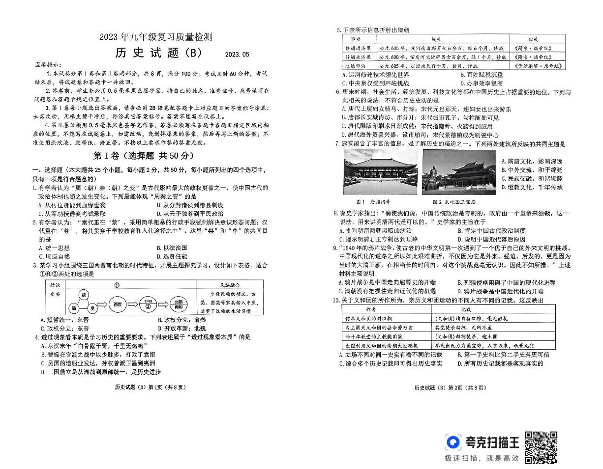 山东省滨州市滨城区2022—2023学年九年级历史下学期期中考试试题