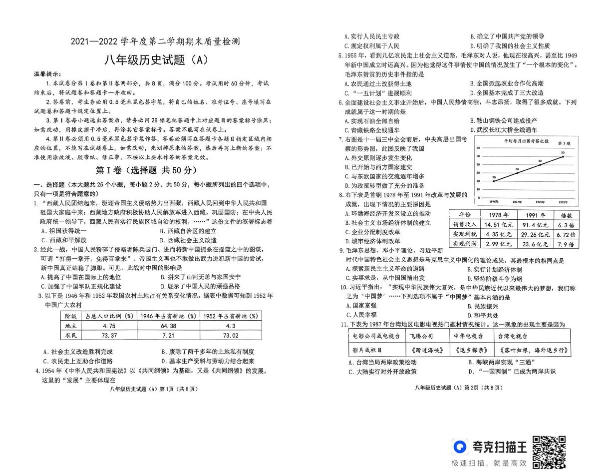 山东省滨州市滨城区2021—2022学年八年级历史下学期期末考试试题