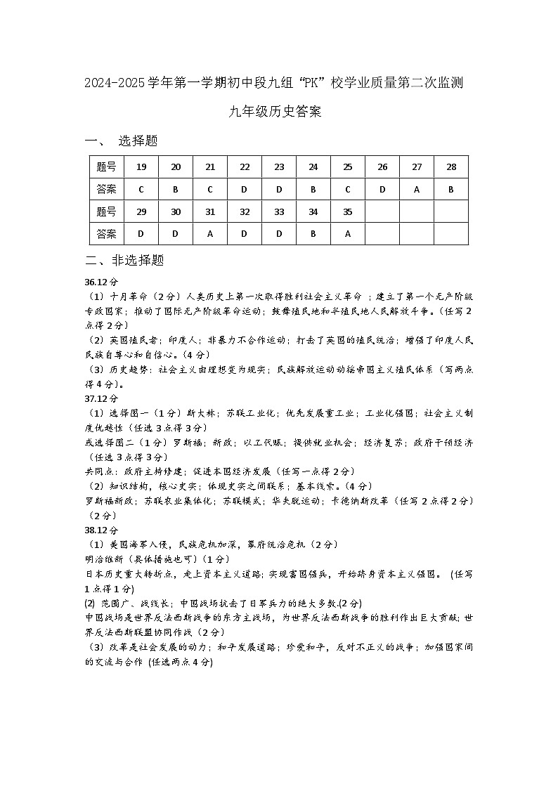 九年级历史参考答案第1页