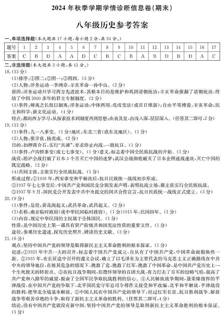 2024秋季期末 歷史 8年級(jí) 答案第1頁(yè)
