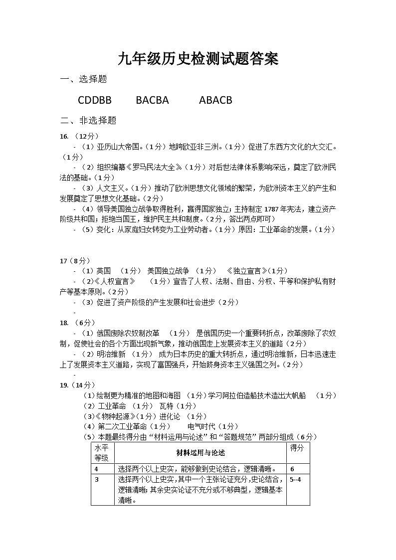 九年级历史检测试题答案(1)第1页