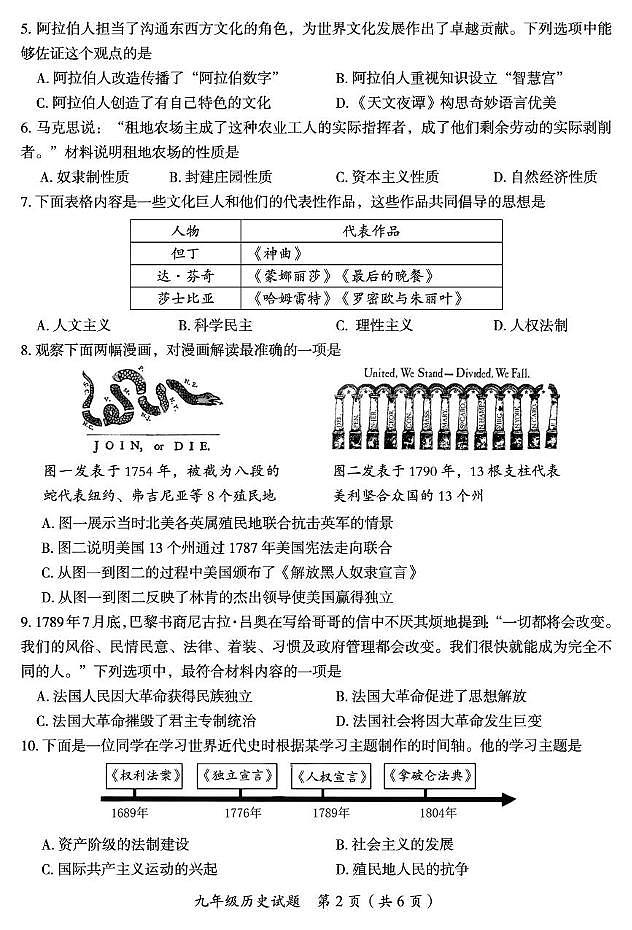 九年级(历史)试题1215第2页