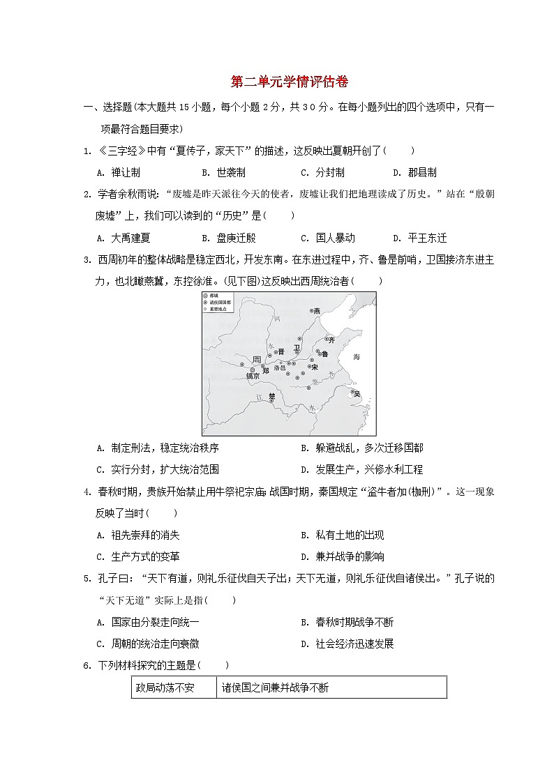 河北省2024七年级历史上册第二单元夏商周时期:奴隶制王朝的更替和向封建社会的过渡学情评估试卷(附答案人教版)第1页