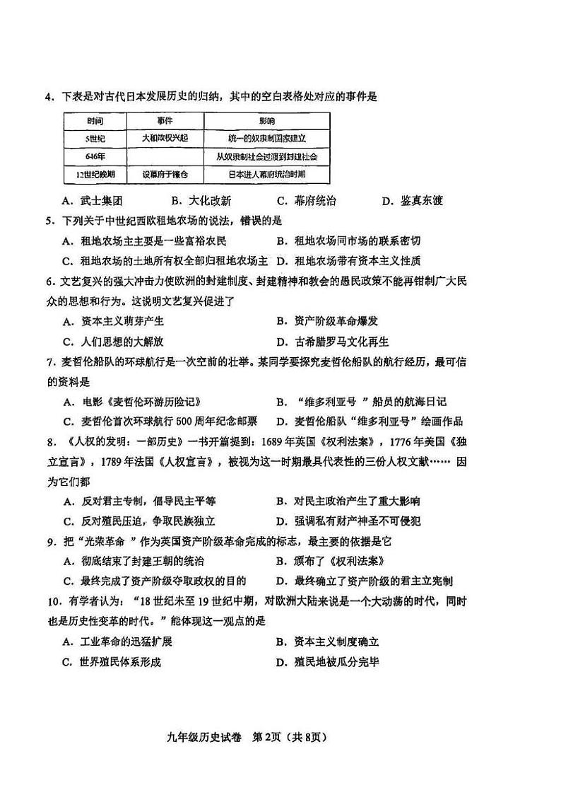 天津市河东区2024-2025学年部编版九年级上学期期末历史试题第2页