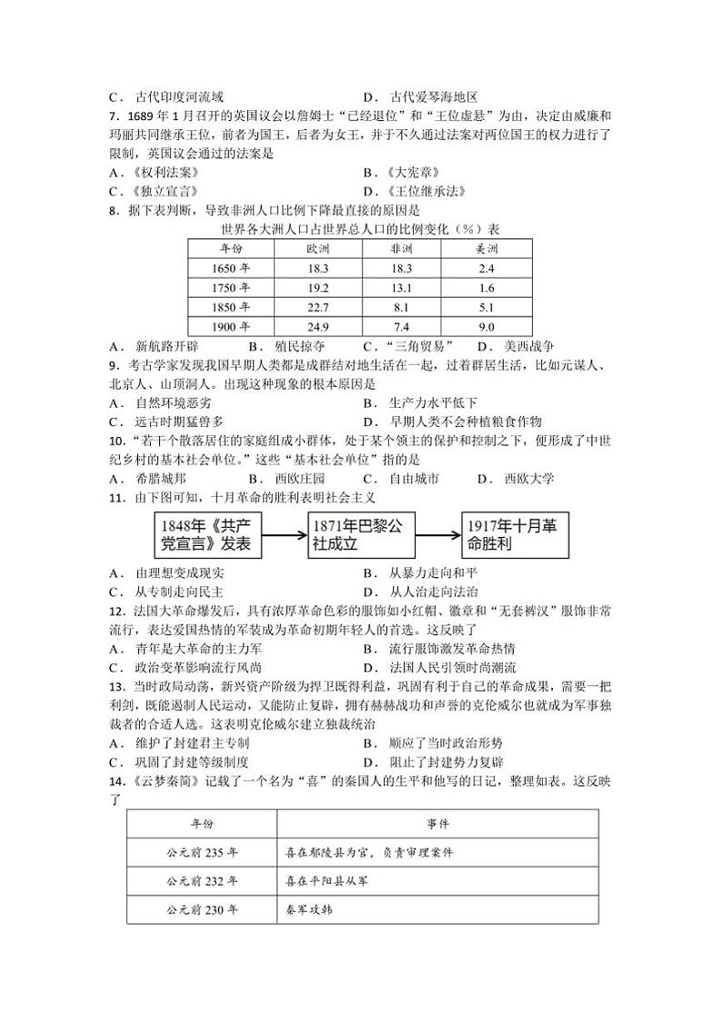 2024~2025学年江苏省苏州市九年级上期末模拟历史卷试卷(三)含答案第2页