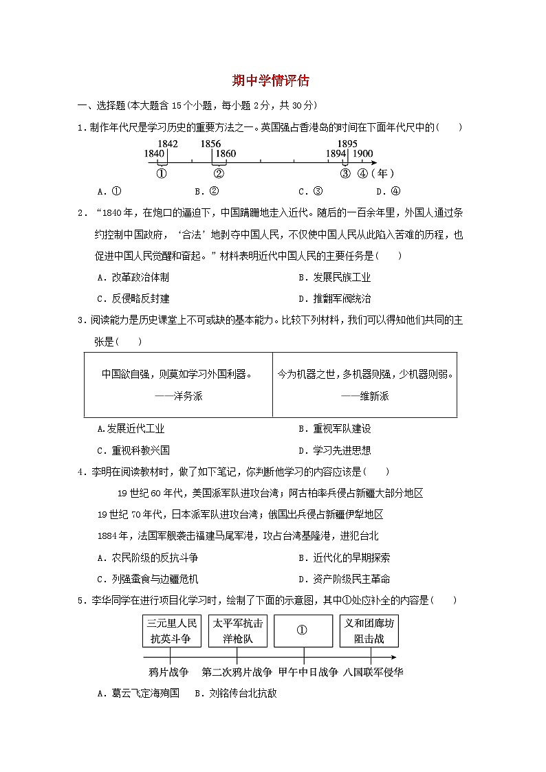 山西省2024八年級(jí)歷史上學(xué)期期中學(xué)情評(píng)估試卷（附答案人教版）第1頁