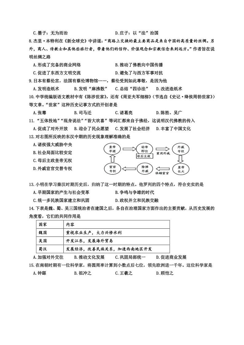 2024~2025学年内蒙古包头市青山区第九中学统编版(五四学制)七年级上期末历史试卷(含答案)第2页