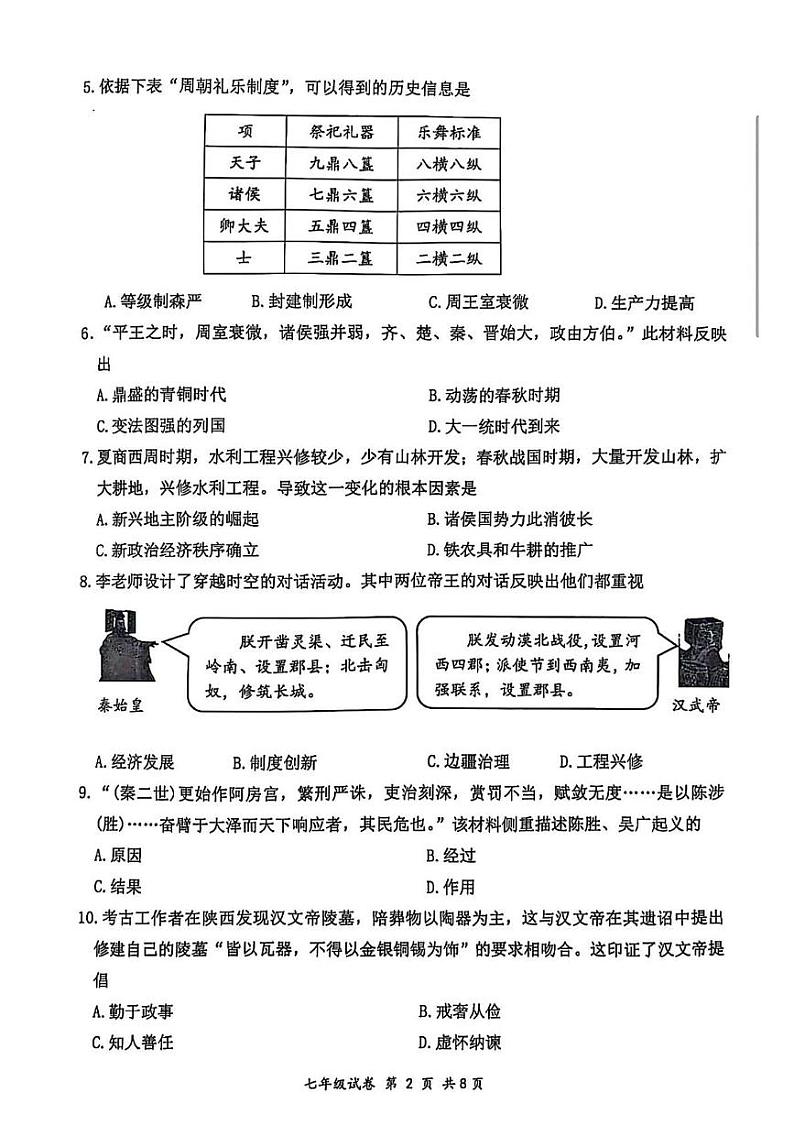 辽宁省大连市西岗区2024-2025学年部编版七年级上学期期末历史试卷第2页