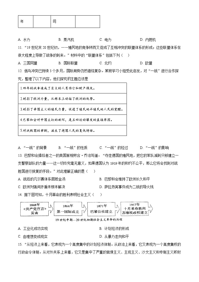 山东省济南市济阳区2023-2024学年九年级上学期1月期末历史试题(原卷版)第3页